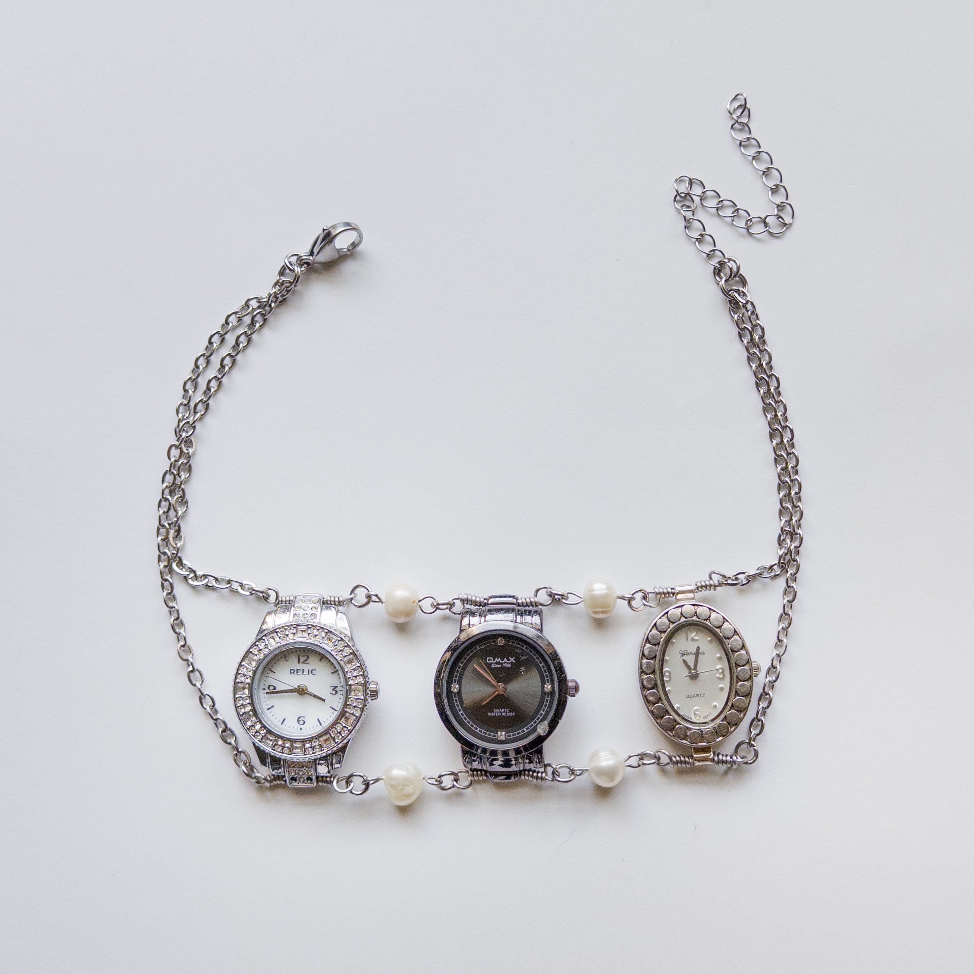 upcycled 3 vintage watch necklace choker stainless steel silver time piece clock classy elegant punk subversive accessories diy avant garde sustainable jewelry fashion futuristic  freshwater pearls dangly