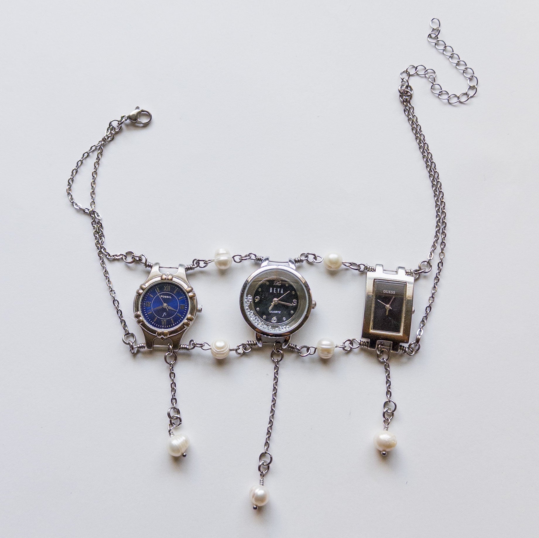 upcycled 3 vintage watch necklace choker stainless steel silver time piece clock classy elegant punk subversive accessories diy avant garde sustainable jewelry fashion futuristic  freshwater pearls dangly black blue