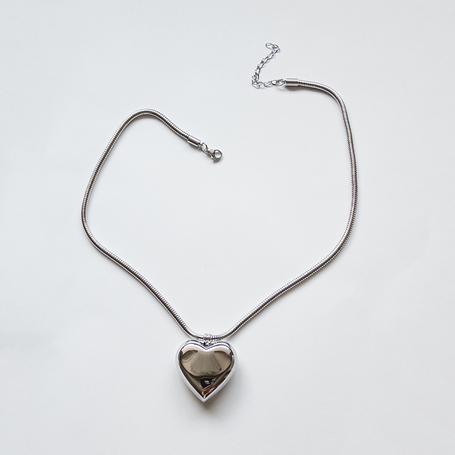 stainless steel silver puffy heart pendant necklace snake chain