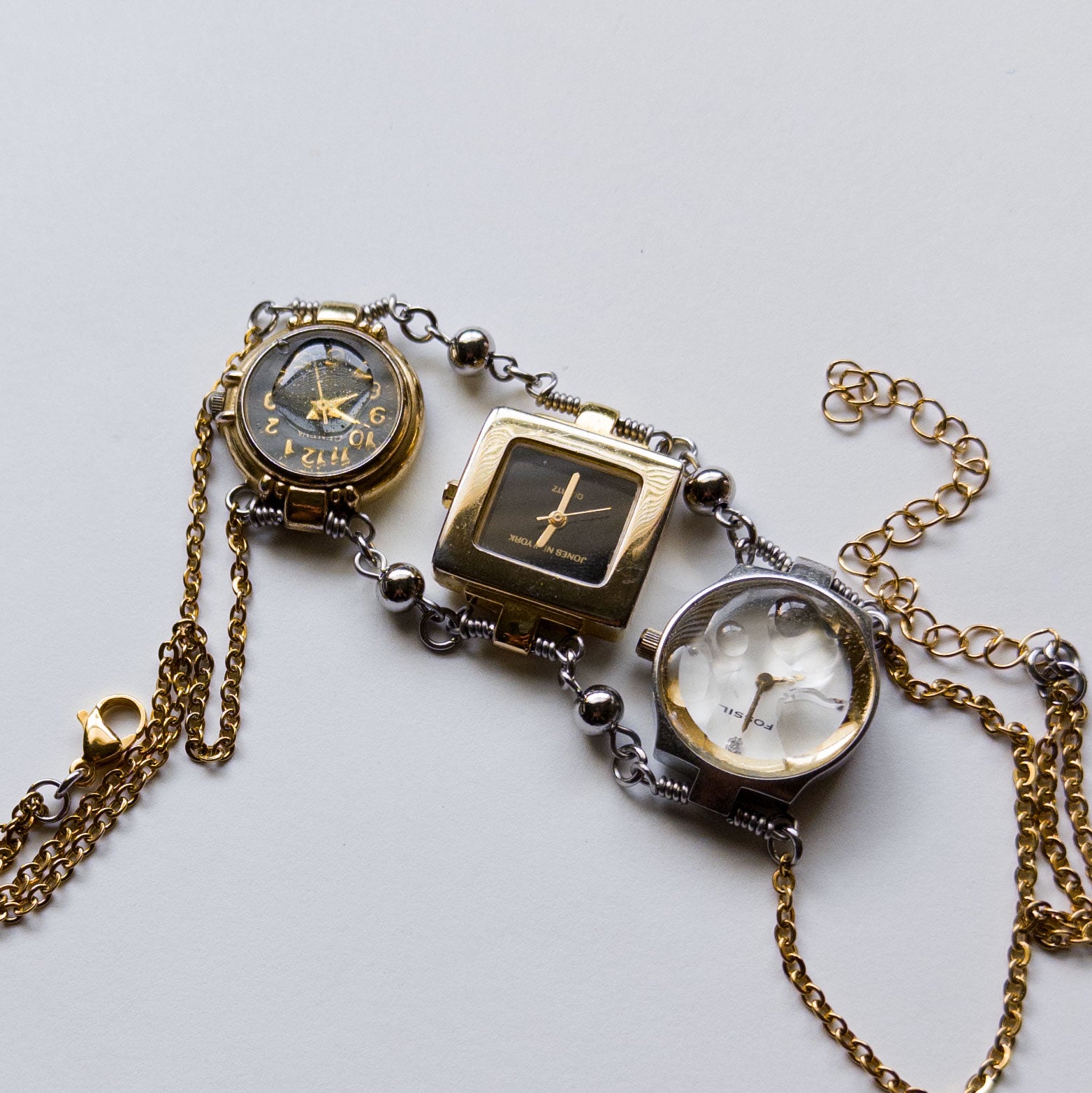 upcycled 3 vintage watch necklace choker stainless steel silver time piece clock classy elegant punk subversive accessories diy avant garde sustainable jewelry fashion futuristic  gold