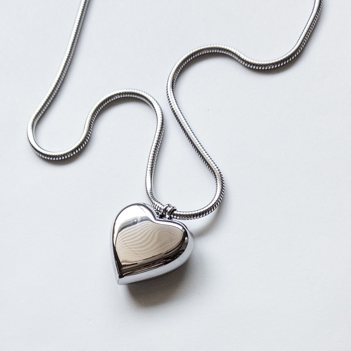 stainless steel silver puffy heart pendant necklace snake chain