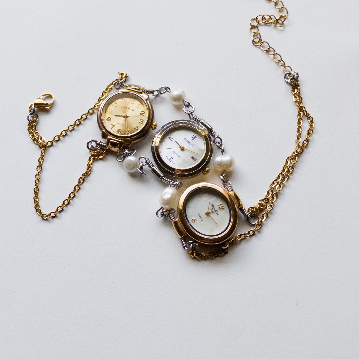 upcycled 3 vintage watch necklace choker stainless steel silver time piece clock classy elegant punk subversive accessories diy avant garde sustainable jewelry fashion futuristic   gold pearls