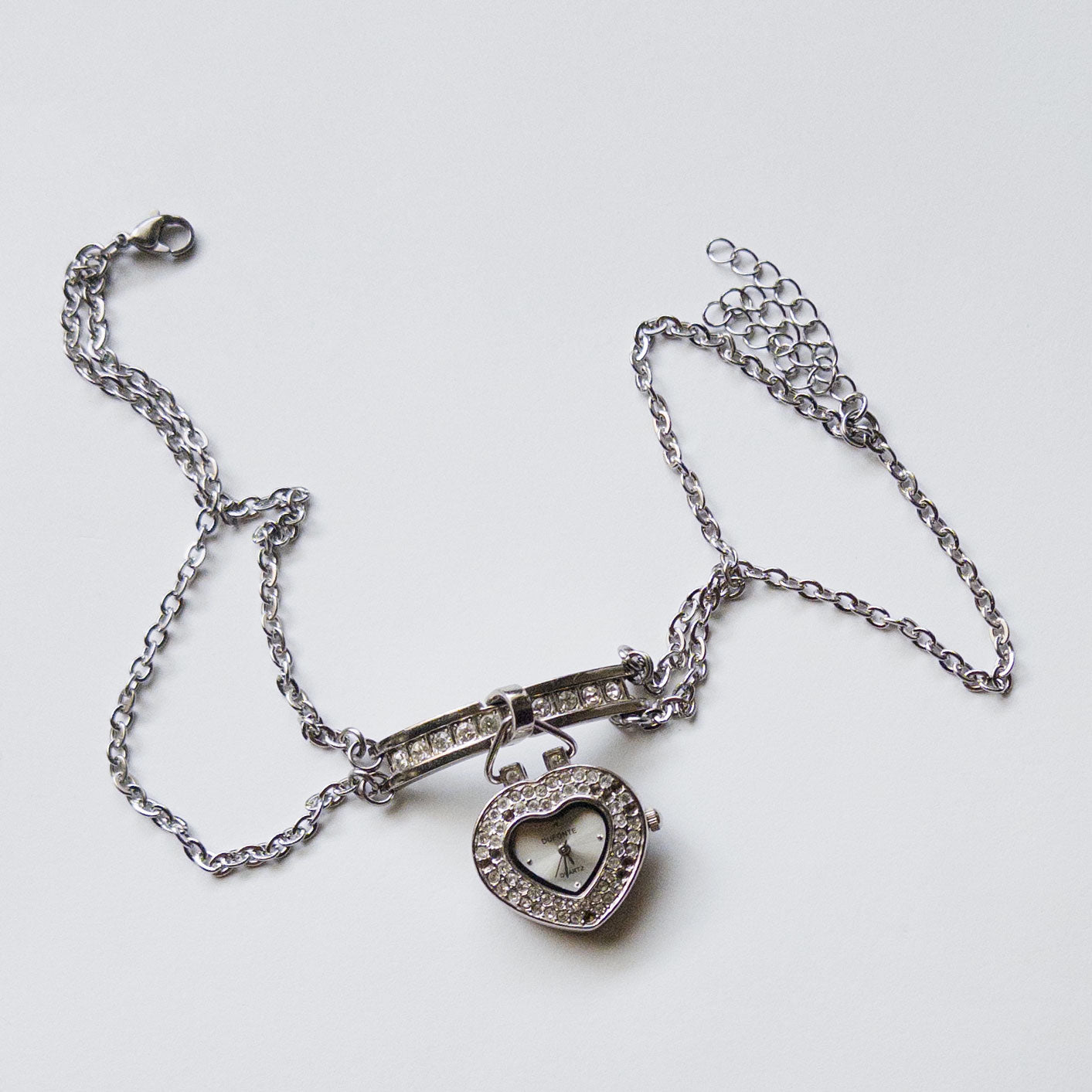 silver stainless steel choker with rhinestones heart shaped watch