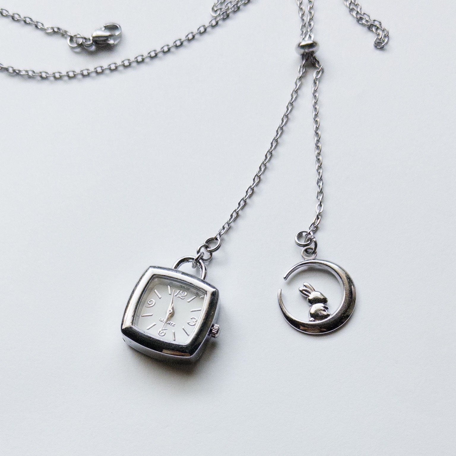 Adjustable sliding lariat watch necklace stainless steel