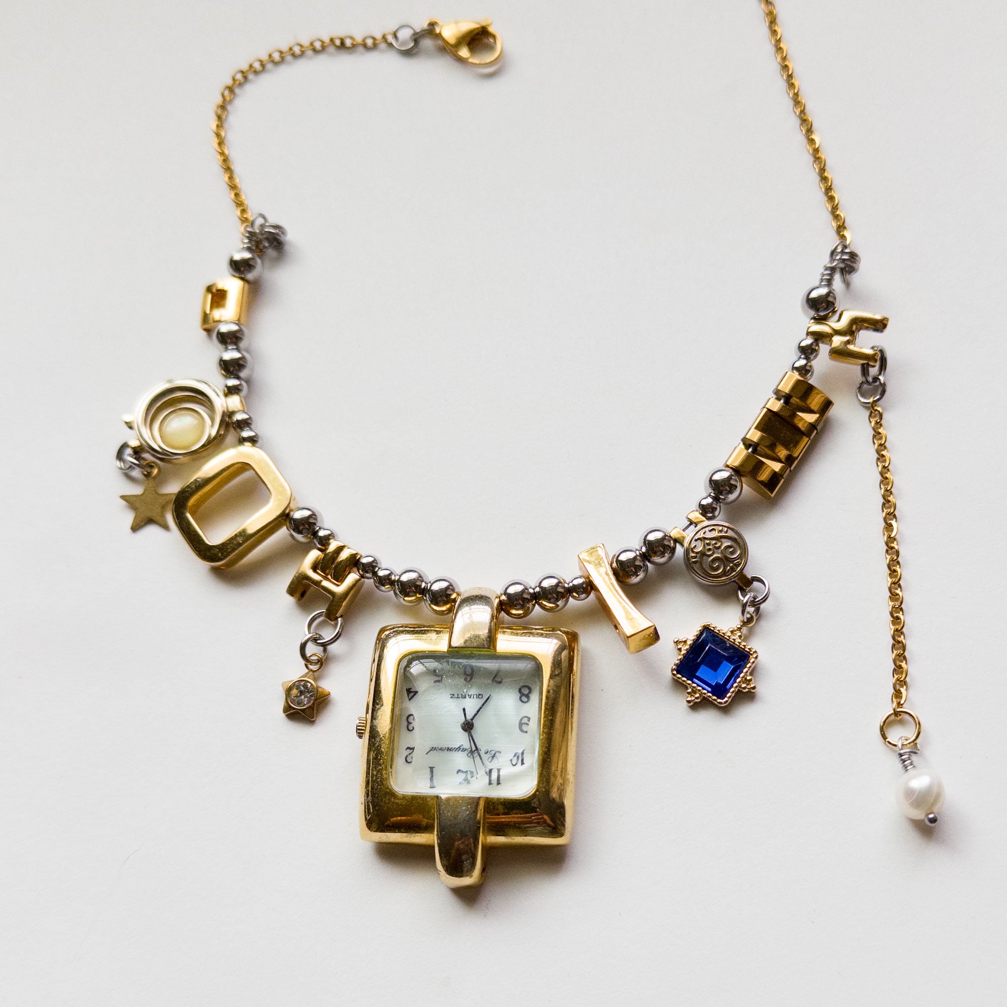 mixed metal up-cycled watch choker gold silver charms