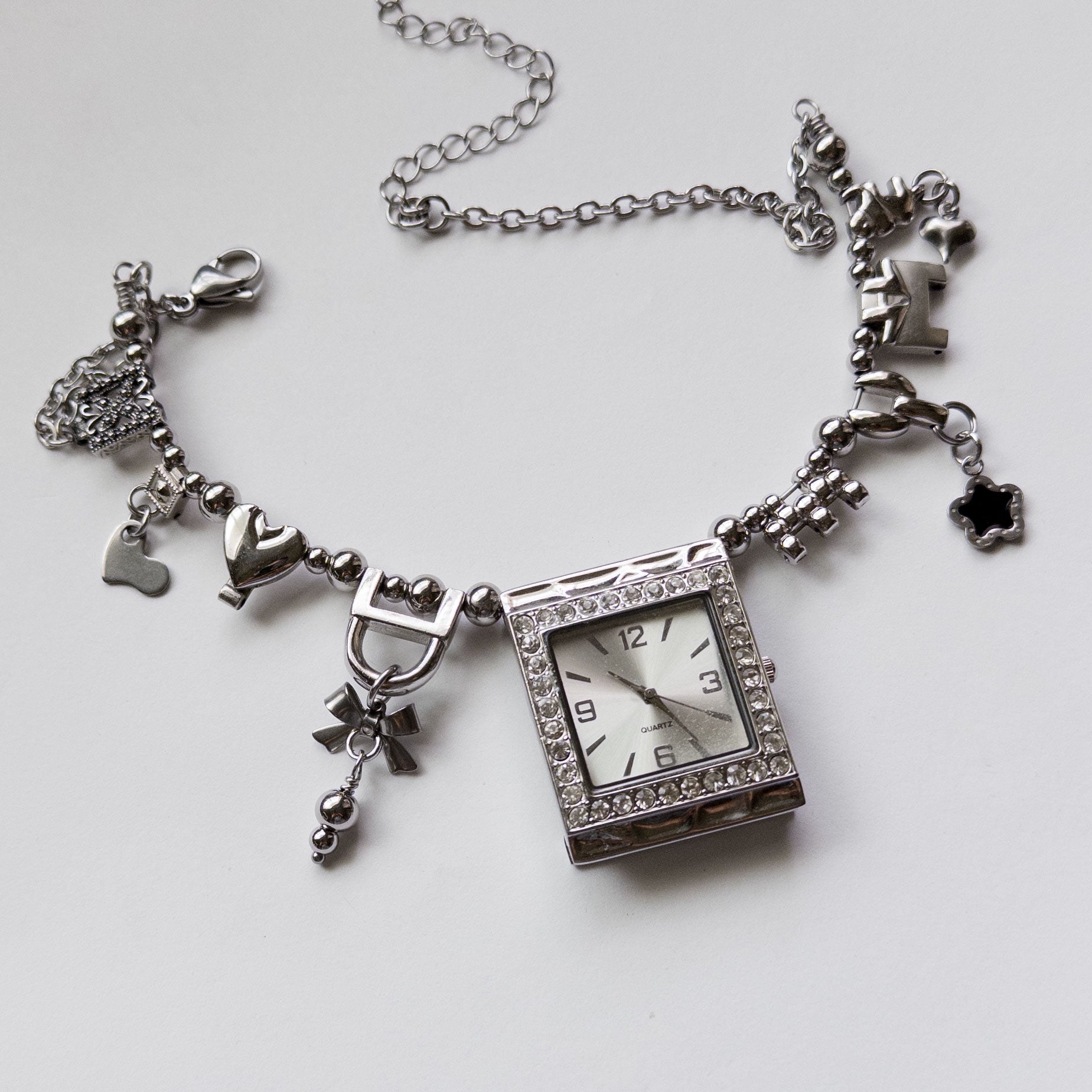 mixed metal up-cycled watch choker  silver charms heart bow star