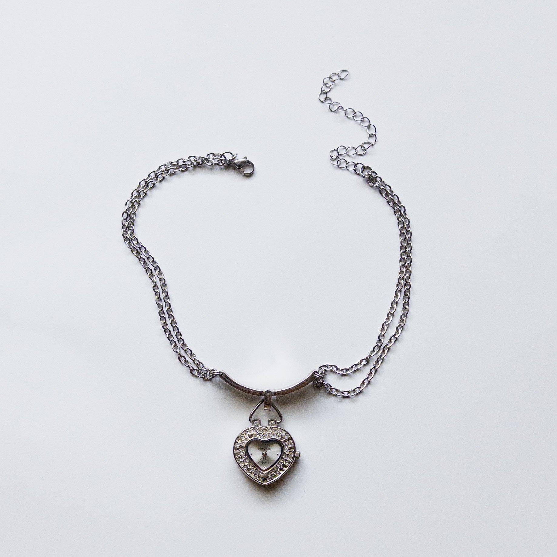 silver stainless steel choker with rhinestones heart shaped watch