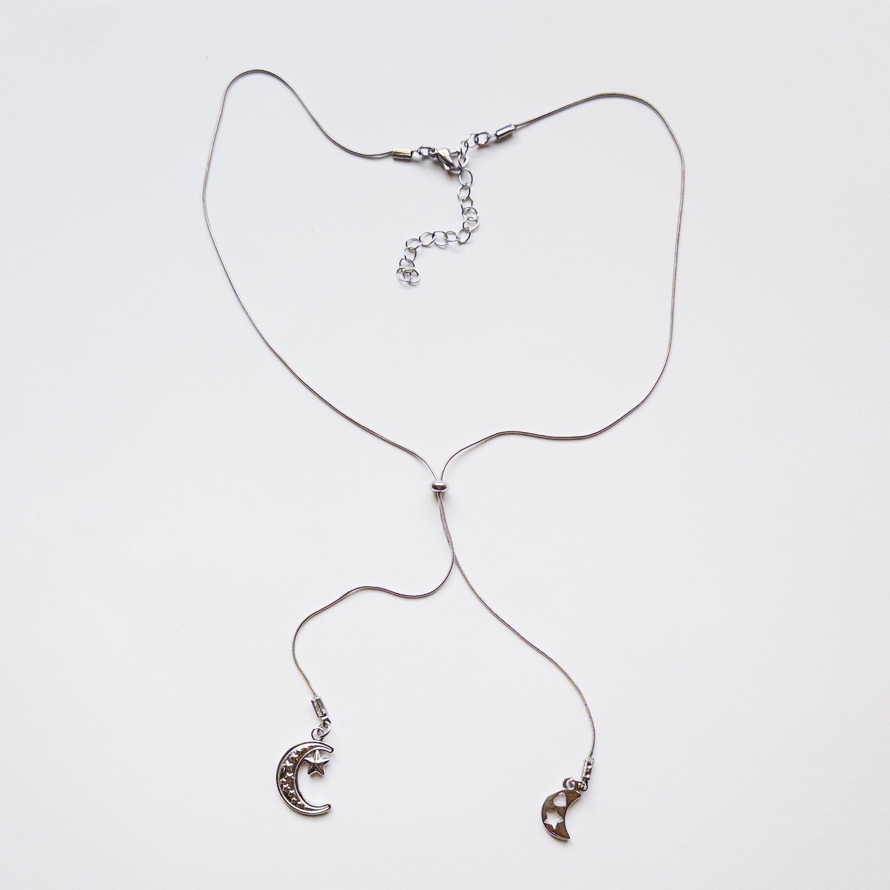 lariat sliding necklace moon charms star stainless steel