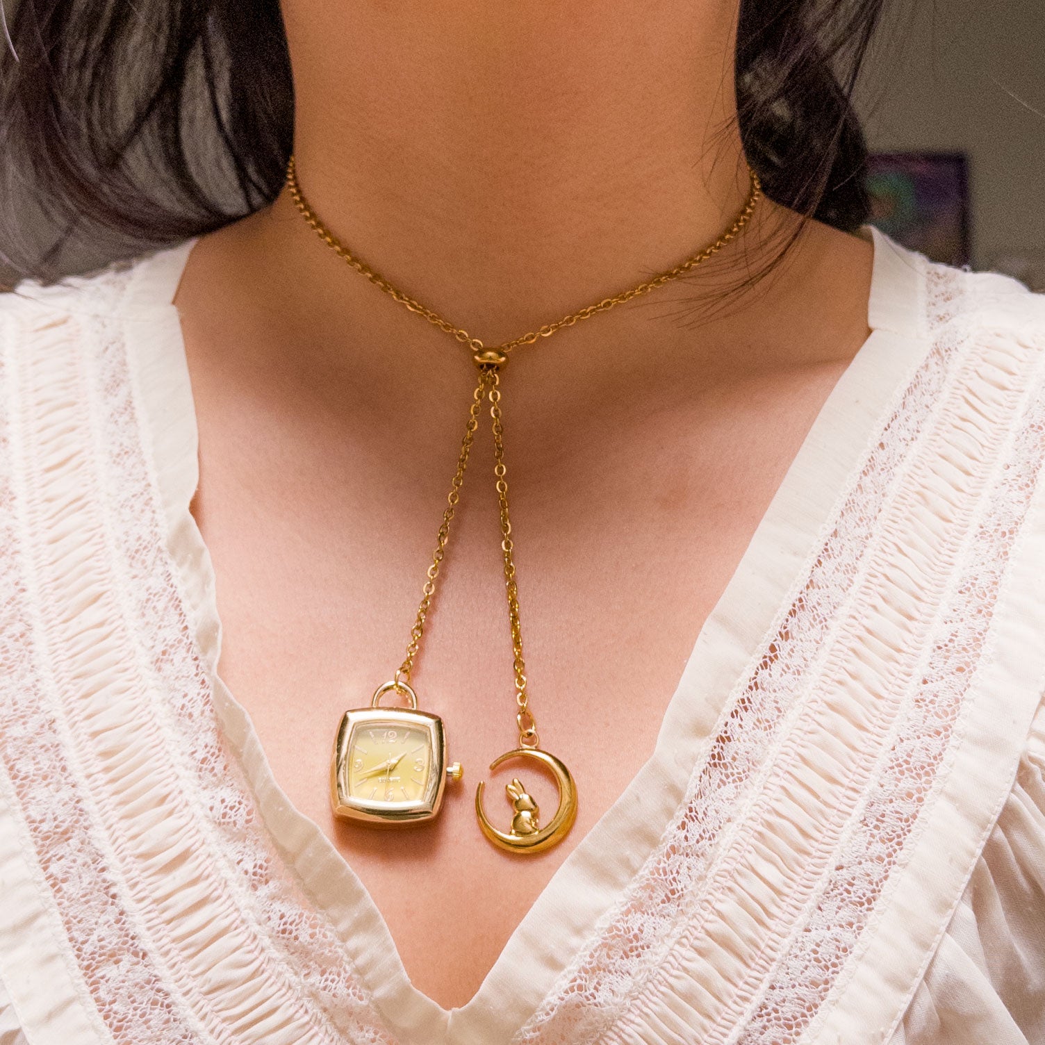 gold lariat sliding necklace with watch and moon charm