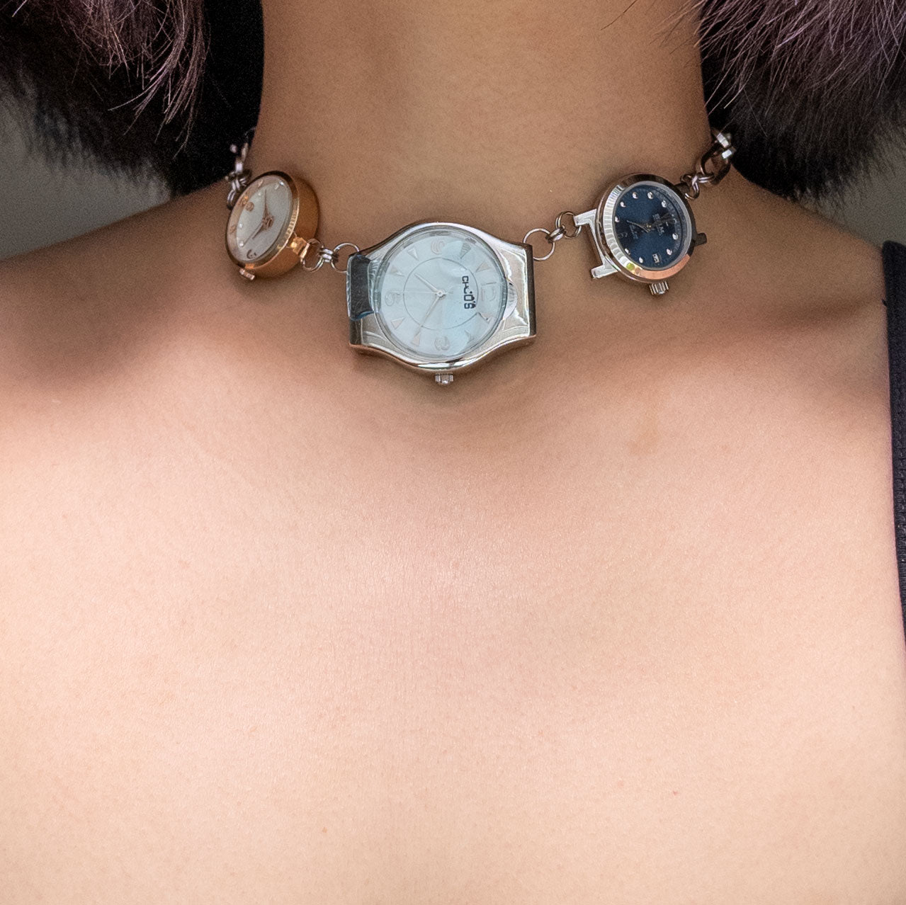 upcycled 3 watch face choker necklace