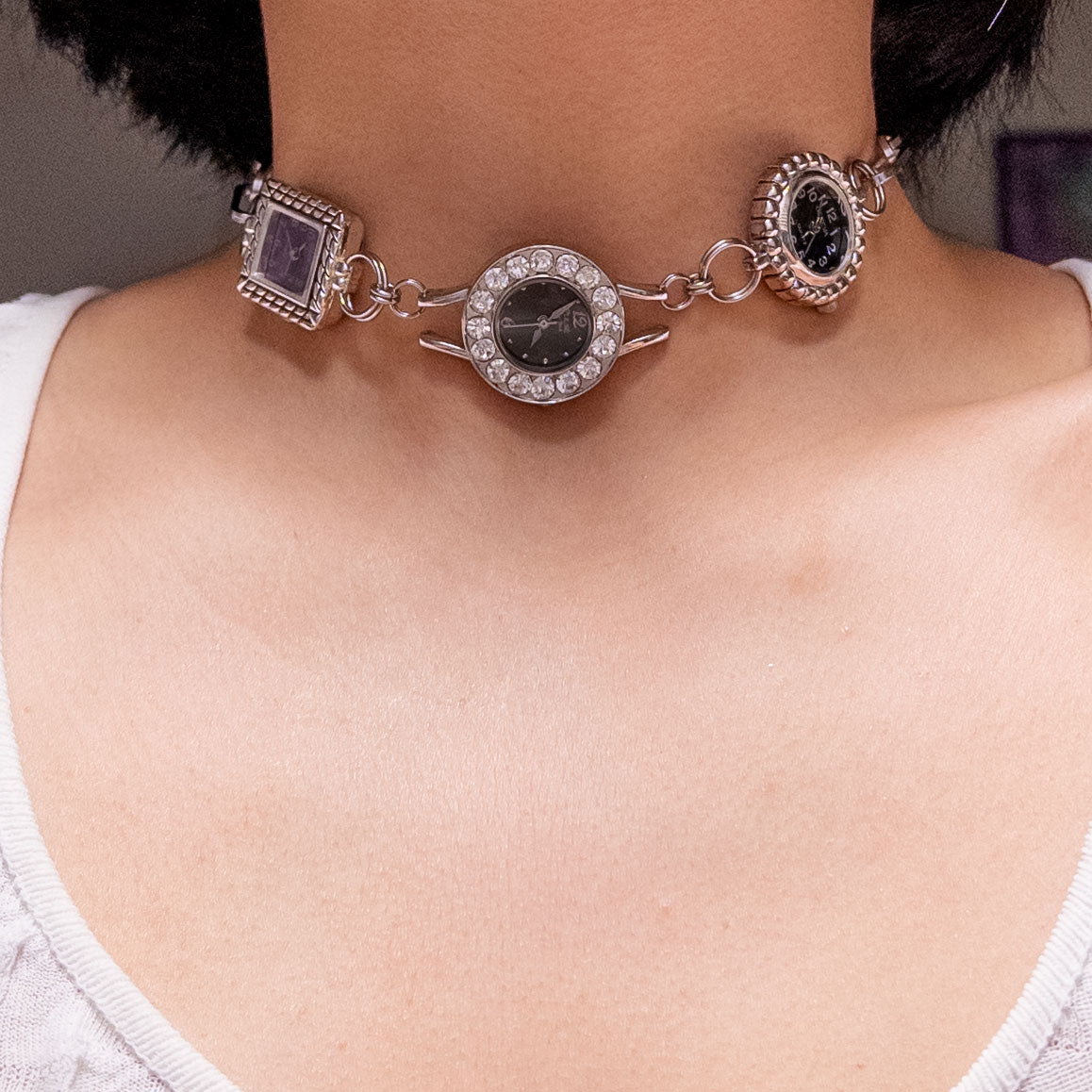 upcycled vintage 3 face watch choker