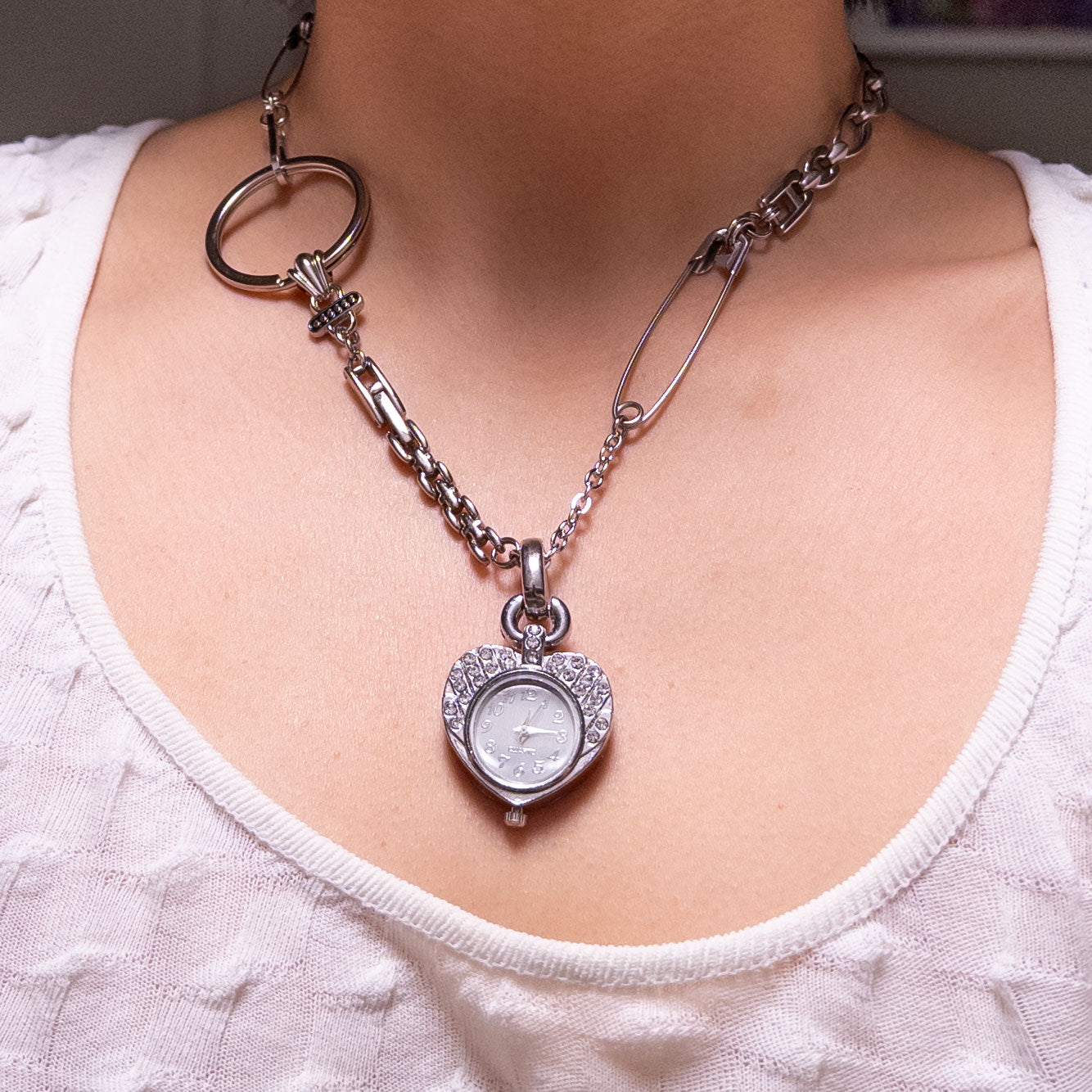 upcycled mixed metal necklace with heart watch pendant