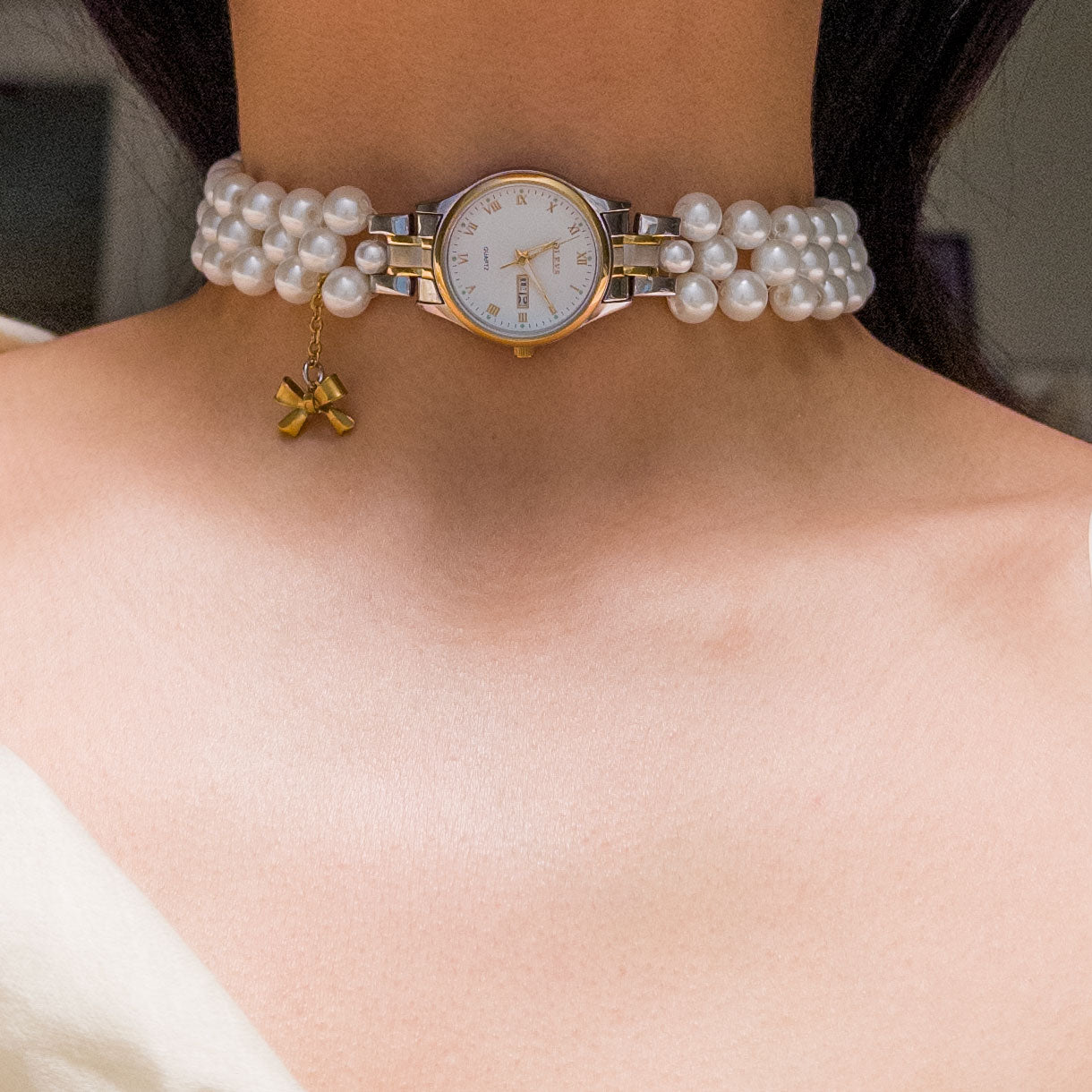 upcycled vintage watch choker with woven pearl strands
