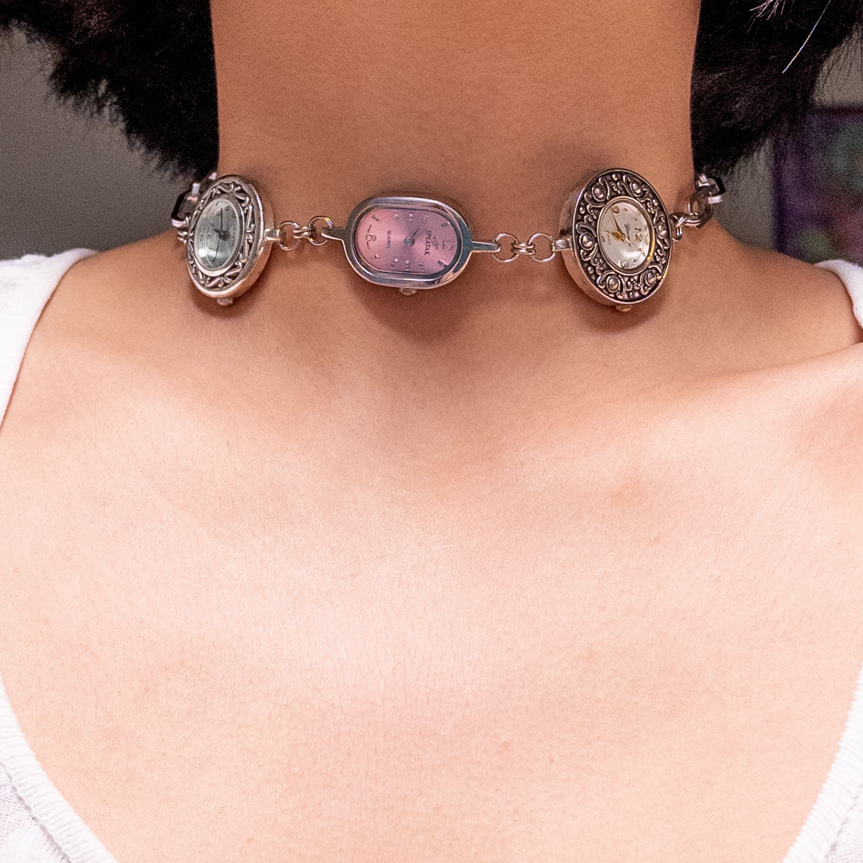 upcycled vintage 3 face watch choker