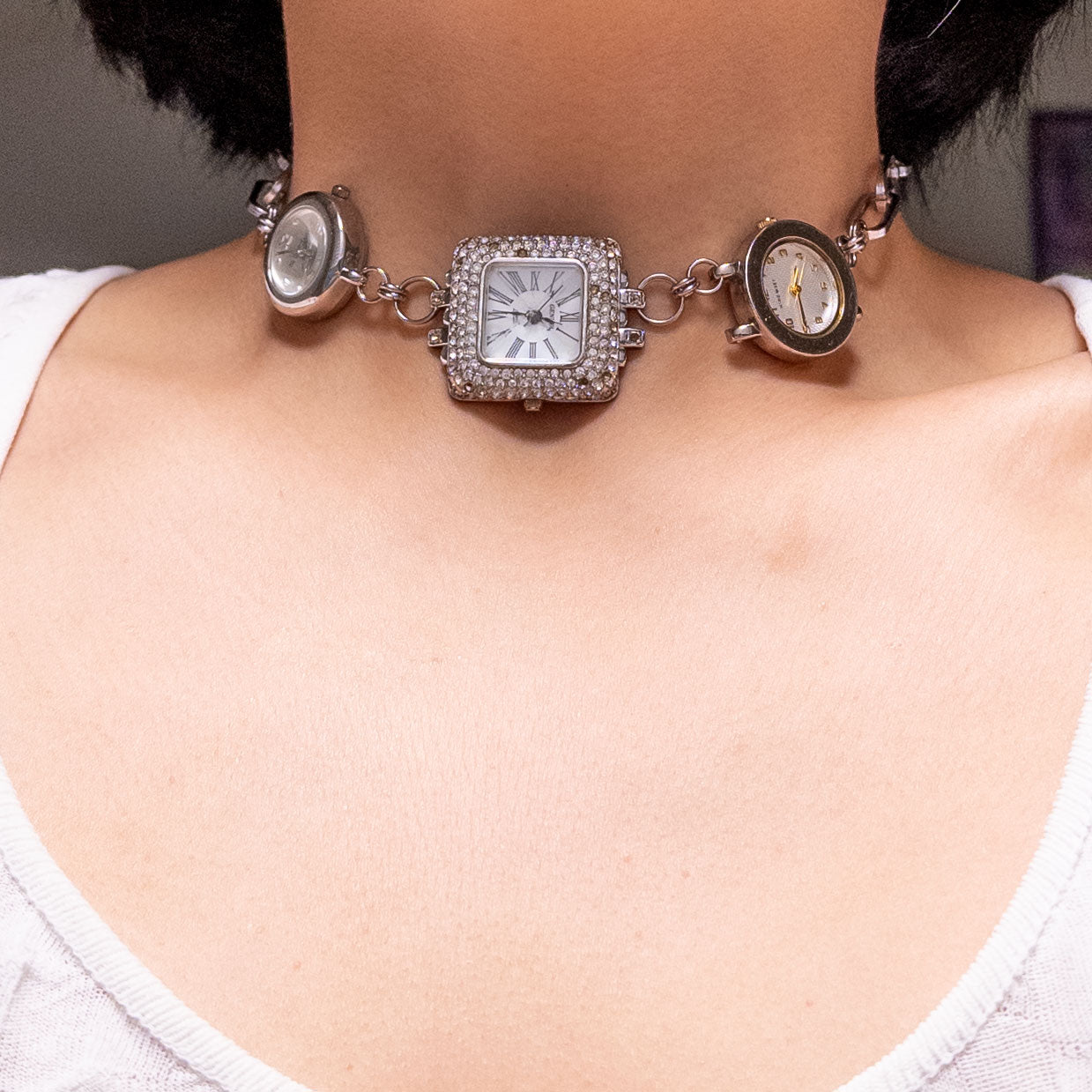 upcycled vintage 3 face watch choker