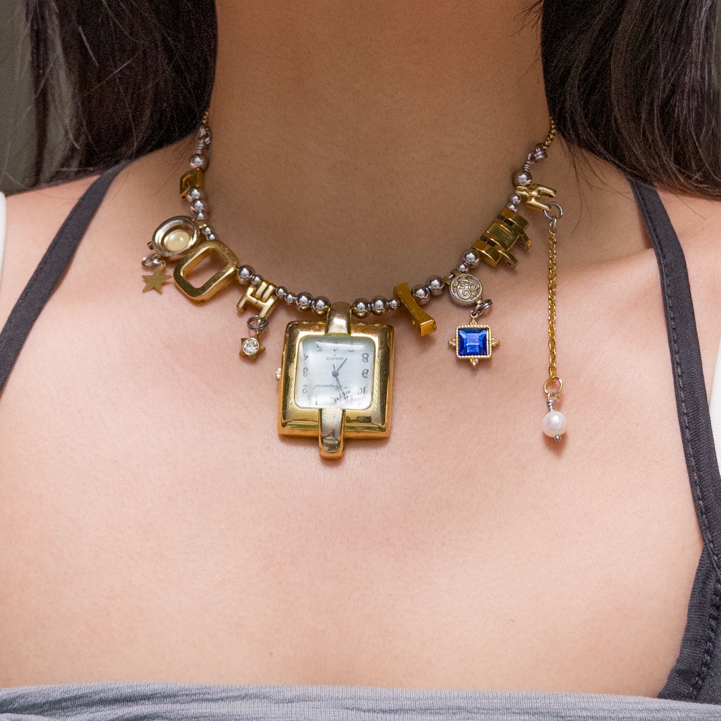 mixed metal up-cycled watch choker gold silver charms