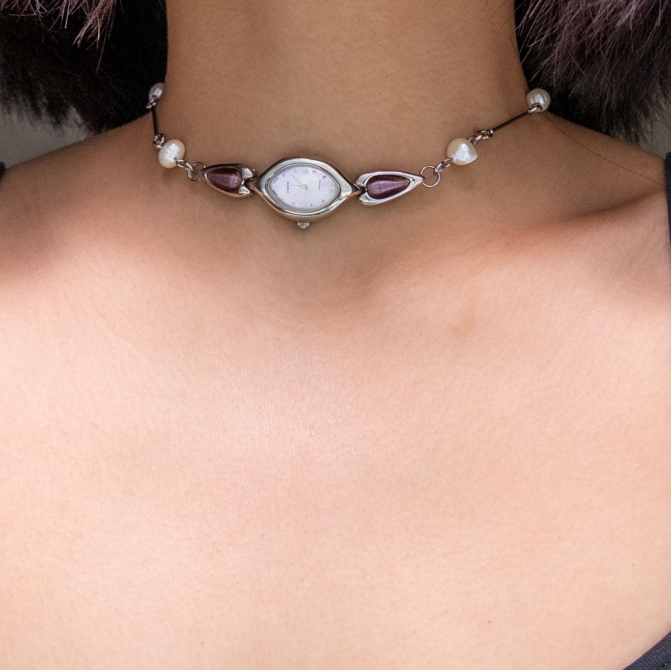 upcycled watch face choker necklace pearls